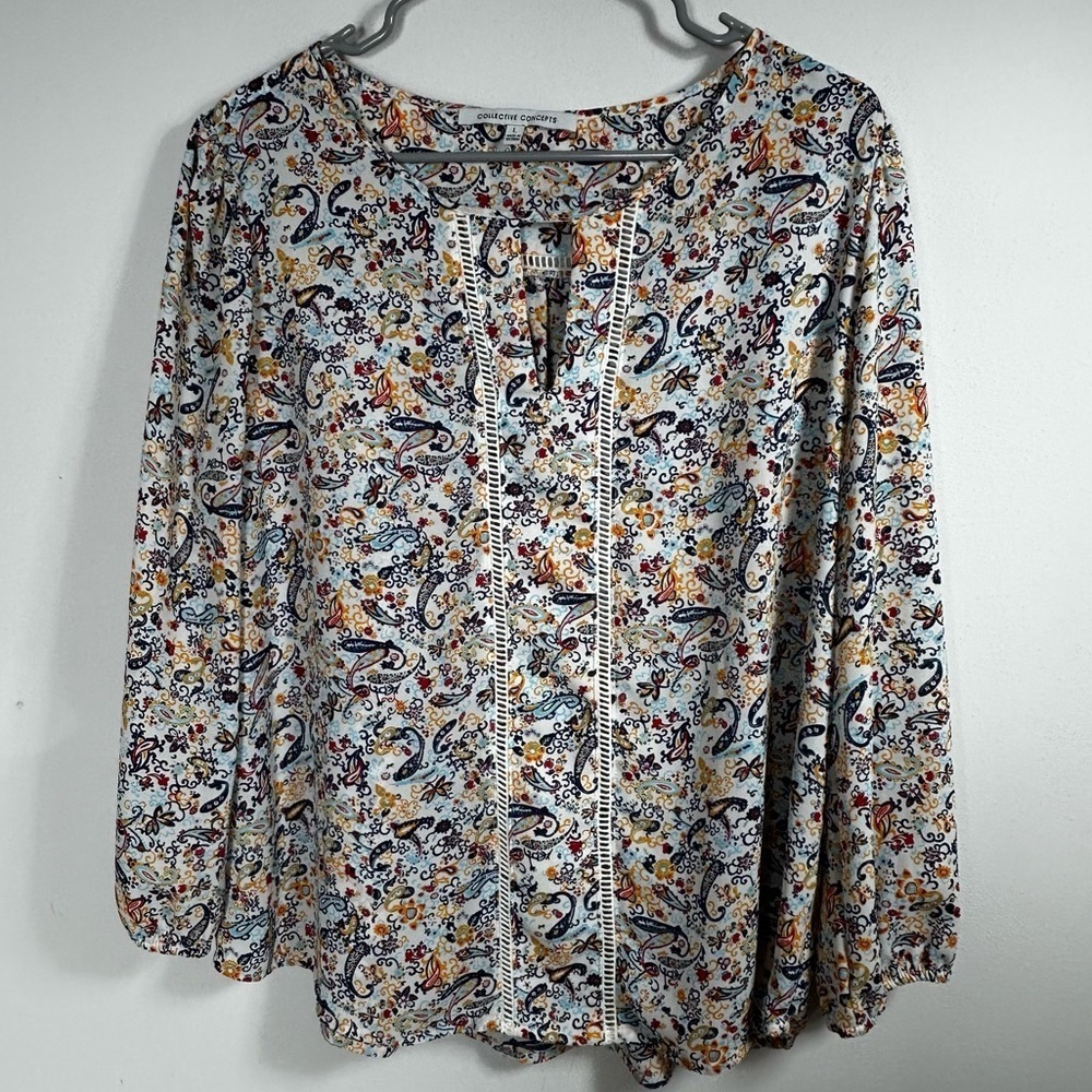 Collective Concepts Floral Paisley Embroidered Blouse 3/4 Length Sleeves Size L